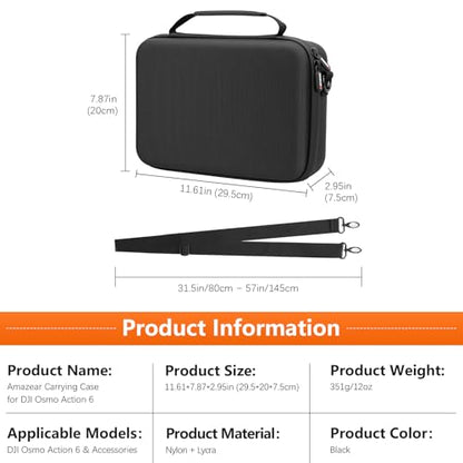 AMAZEAR Carrying Case for DJI Osmo Action 6 Accessories, Compact Hard Shell Carry Bag with Shoulder Strap, Portable Camera Case for Travel, Organization, Storage, Protection, Black