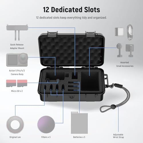 NEEWER Hard Case Compatible with DJI Osmo Action 5 Pro / 4/3 Camera, IP67 Waterproof Dustproof Shockproof Portable Travel Storage Case with Custom Foam Inserts & 12 Slots for Accessories, AC031