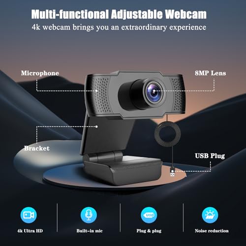 4K Webcam, Ultra 4K HD Web Cam for PC, Dual Noise-Canceling Mics, Auto Light Correction, Wide Angle Streaming Webcam,Plug and Play for Video Calling/Teams/Conferencing/Zoom