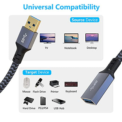 15FT USB 3.0 Extension Cable, Long USB Male to Female Cable, Durable Braided Material, High Data Transfer for Keyboard, Mouse, Flash Drive, Printer - size: 15FT