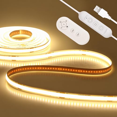 ALITOVE COB LED Light Strip 16.4FT 5V USB LED Strip Light Uniform Grow Super Bright 3000K Warm White with Remote Dimmable Flexible LED Tape Lights for Bedroom Cabinet Kitchen Shelf TV Lights - color: 3000K Warm White, size: 16.4FT