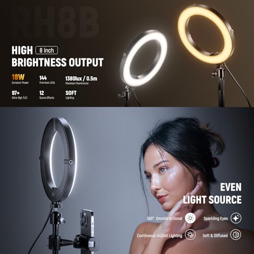 NEEWER 18W 8" Desk Ring Light with Stand, Circle Selfie Light for iPhone Streaming Makeup Video Recording, Video Conference Lighting Kit with Phone Holder for Laptop Computer Zoom Call Podcast, RH8B