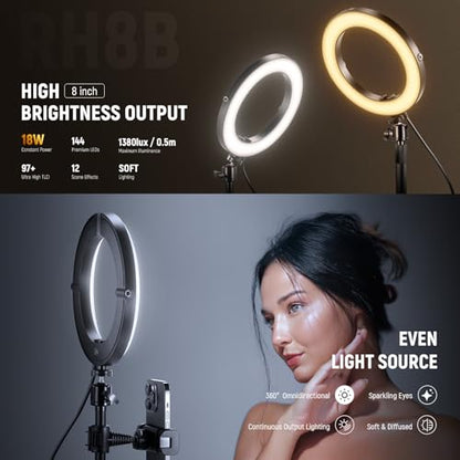 NEEWER 18W 8" Desk Ring Light with Stand, Circle Selfie Light for iPhone Streaming Makeup Video Recording, Video Conference Lighting Kit with Phone Holder for Laptop Computer Zoom Call Podcast, RH8B