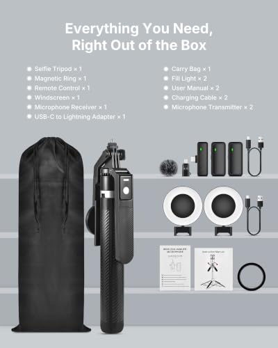 3-in-1 Vlogging Kit for iPhone, 71" Tripod with Lights and Mic | Magnetic & Clamp Phone Holder, Plug In & Record, No Setup, Noise Reduction Mic, Rechargeable Remote, Carrying Bag Included