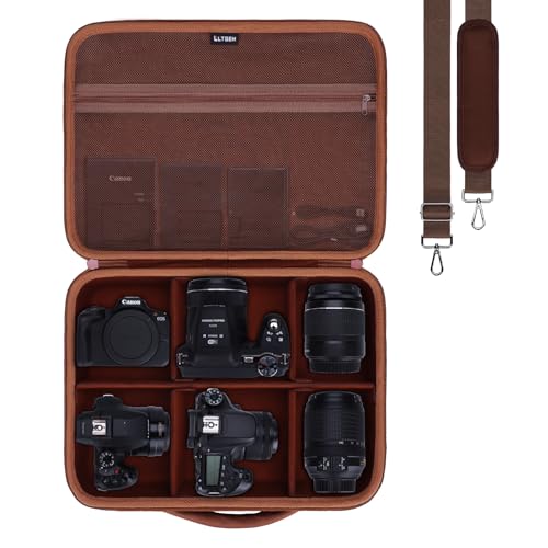 L LTGEM Large Camera Case Compatible with Canon/Sony/Nikon DSLR Mirrorless Camera and Multiple Lens, Hard Travel Carrying Case with 5 Dividers and Shoulder Strap, Brown - color: Brown, size: Large