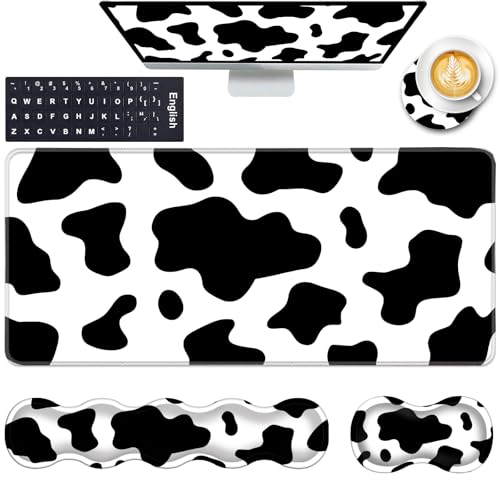 Keyboard Wrist Rest and Mouse Pad with Wrist Support Set Ergonomic Coaster,Memory Foam,Easy Typing Pain Relief,Large XL Desk Mat 31.5"x 11.8",Cow Print - color: Cow Print, size: 5 Pcs-XL