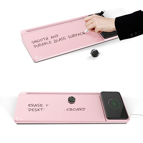 TOWON Desktop Glass Whiteboard with Charger Pad, Small Desk Whiteboard - Glass Dry Erase White Board- Desk Computer Buddy with Storage, Mirror and Charging Station, Pink, 17 x 6 in - color: Charger Pink