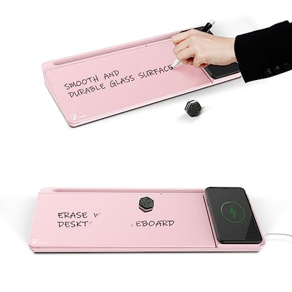 TOWON Desktop Glass Whiteboard with Charger Pad, Small Desk Whiteboard - Glass Dry Erase White Board- Desk Computer Buddy with Storage, Mirror and Charging Station, Pink, 17 x 6 in - color: Charger Pink
