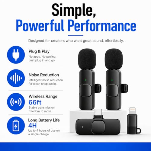 Acuvar Wireless Lavalier Microphone for iPhone & Android, 2 Pack Mini Wireless Mic, Plug & Play Clip On Microphone for Video Recording, Interview, Vlog with Adapter