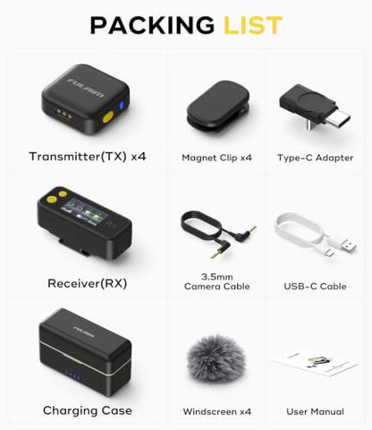 FULAIM 4-Pack Wireless Lavalier Microphone for iPhone 15 16 17 Android Camera PC, AI Noise Cancellation, 300m Range, 21H Battery Life with Charging Case, Lapel Mini Mic for Vlog Interview TikTok