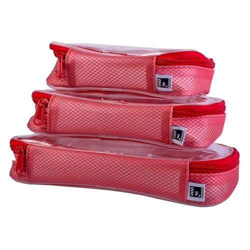 Filmsticks Set of 3 Transparent TPU Storage Cases, Red, Small Medium Large, 170 x 50 x 135 mm to 250 x 50 x 160 mm, Clear Zip Organisers for Camera Gear, Cables, Tools and Accessories