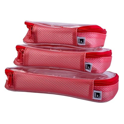 Filmsticks Set of 3 Transparent TPU Storage Cases, Red, Small Medium Large, 170 x 50 x 135 mm to 250 x 50 x 160 mm, Clear Zip Organisers for Camera Gear, Cables, Tools and Accessories