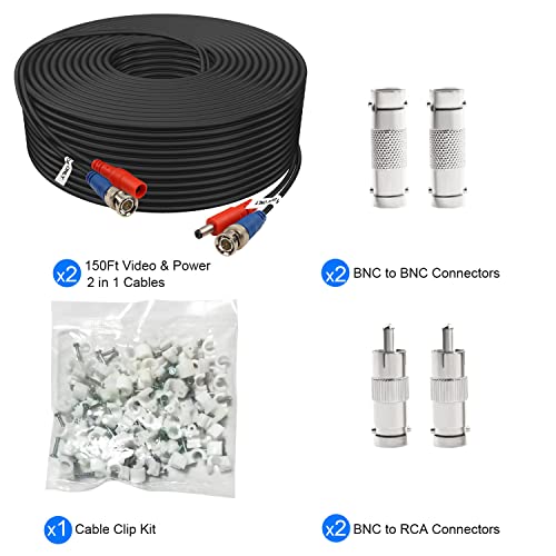 BNC Cable 150ft 2 Pack, BNC Video Power Cable for CCTV Camera DVR Security Systems, Black - size: 150 FT