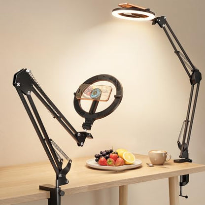 CloudValley Magnetic Overhead Phone Mount with 10" Ring Light, 5000mAh Desktop Tripod with Battery Display, Foldable LED Selfie Light with iPhone Stand for Video Recording Cooking, Live Streaming