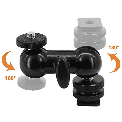 Ball Head Shoe Mount 1/4" Hot Shoe Mount Double Ballhead 1/4" Tripod Screw Multi-Function for LCD Monitors,Led Light,Microphone