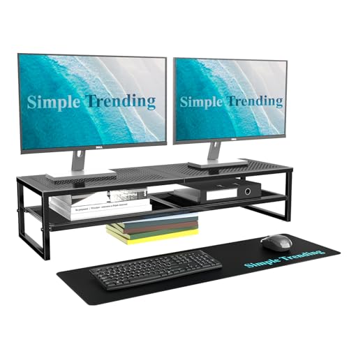 Simple Trending 2 Tier Metal Dual Monitor Stand Riser with 32"x10" Mouse Pad, Computer Desk Organizer for 2 Monitors, Laptop, Printer, TV, Black - color: Black