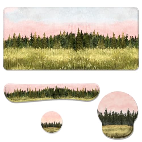 Forest Meadow Desk Mat Set Watercolor Pine Landscape Large Mouse Pad with Wrist Rest 4in1 Desk Mat for Desktop Ergonomic Computer Desk Arm Wrist Anti-Slip Computer Ergonomic Mouse Pad Office Gaming - color: Forest Meadow