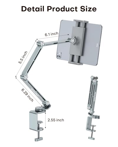 OMOTON Tablet Stand for iPad with 360° Rotation, GH03 Aluminum Alloy Long Arm Phone Mount with 2 Plastic Clamps (Phone & Tablet), Adjustable Holder for 4-13" iPad Pro/iPhone, Grey - color: Grey