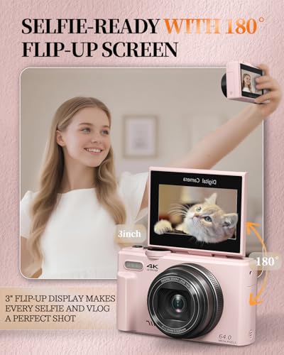 4K Digital Camera for Beginners & Teens, Compact Vlogging Camera with 180° Flip Screen, Autofocus, Easy-to-Use for Travel & YouTube, 18X Zoom, WiFi, 2 Batteries, 32GB Card - color: light pink