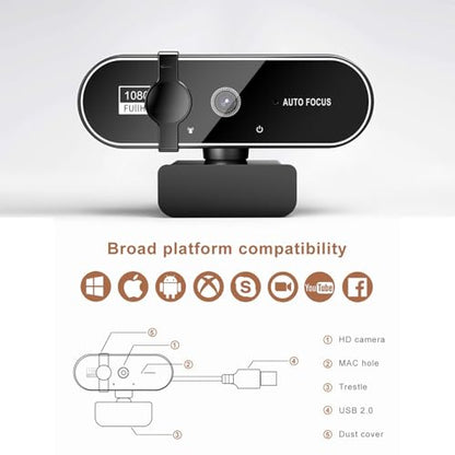 4K Webcam for PC with Microphone & Noise Cancellation, Auto Focus + 99° Wide FOV, 180° Bendable Mount, Privacy Shield, Plug-and-Play USB Cam Ideal for Smooth Online Class & Video Conference Chats