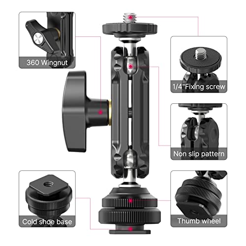 R098 Cold Shoe Monitor Mount, 1/4" Rotatable Dual Ballhead Hot Shoe Mount Microphone Fill Light Camera Monitor Swivel Bracket Compatible with DJI OSMO 360/Pocket 3/Insta 360 x 5/Sony/Canon/Nikon /Fuji