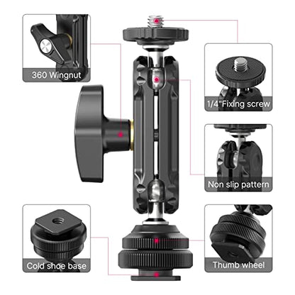 R098 Cold Shoe Monitor Mount, 1/4" Rotatable Dual Ballhead Hot Shoe Mount Microphone Fill Light Camera Monitor Swivel Bracket Compatible with DJI OSMO 360/Pocket 3/Insta 360 x 5/Sony/Canon/Nikon /Fuji