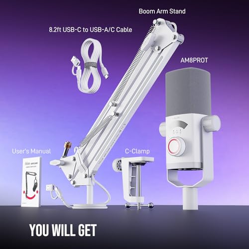 FIFINE Streaming Microphone Kit for Gaming, XLR/USB Dynamic Mic with RGB Boom Arm Stand for Podcast Vocal, PC Microphone with Mute Tap, 3-in-1 Volume Knob, Audio Balance-AmpliGame AM8PROT White - color: White