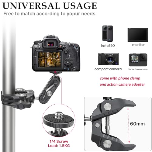 XIAOTJ Super Clamp Camera Mount with Magic Arm Double 360° Ballhead and Phone Tripod Mount/Action Camera Adapter for Phone/GoPro DJI Insta360/Monitor/DSLR/Motorcycle Bike Handlebar Gun Scope Mounts