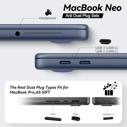 9 in 1 Anti Dust Plug Covers Set with Webcam Cover Compatible with 2026 Apple MacBook Neo 13 inch Laptop with A18 Pro Chip A3404,Silicone Anti Dirt Protective Cups Accessory for USB-C/Headphone