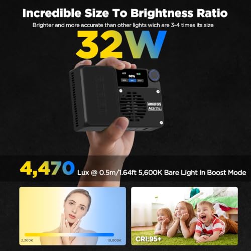 Amaran Ace 25c Pocket RGBWW LED Light, Boost Mode Up to 32W, Full-Color Mini Video Light (2,300-10,000K), 1,171 Lux@1m at 5,600K, 4500mAh Battery with PD Fast Charging for Mobile Creators (Charcoal) - color: Charcoal