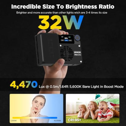 Amaran Ace 25c Pocket RGBWW LED Light, Boost Mode Up to 32W, Full-Color Mini Video Light (2,300-10,000K), 1,171 Lux@1m at 5,600K, 4500mAh Battery with PD Fast Charging for Mobile Creators (Charcoal) - color: Charcoal