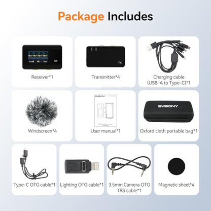 SVBONY D4 4-Person Wireless Lavalier Microphones Systems for Interviews | Compatible with iPhone Android Camera, Safety Track, 656ft Range, 2-Level Noise Reduction, Magnetic Mount