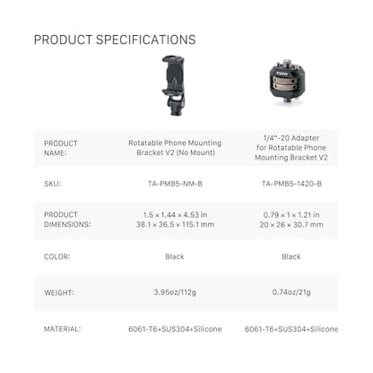 Tilta Rotatable Phone Mount for Tripod & Camera | Universal 1/4"-20 Screw Mount | Adjustable Rotation | Compatible with iPhone, Camera Cages & Accessories – Black - style: 1/4"-20 Mount