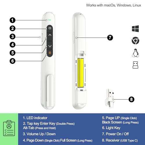 QUI Presentation Clicker with Volume Control, 2.4GHz USB Wireless Presenter Remote, PowerPoint Clicker Slide Advancer Compatible with Mac, Windows, Google Slides, Keynote - color: White, size: L