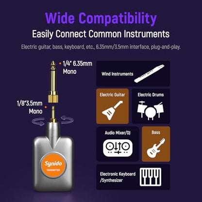 Synido Wireless Guitar Sound Card, 24bit/96kHz Low Latency Audio Interface | Built-in rechargeable battery & lightweight portable design, perfect for recording, live streaming and DJ performance