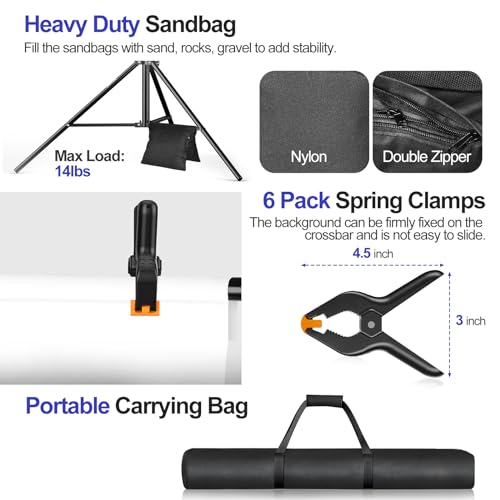 EMART 10x7.9FT Backdrop Stand, Photo Video Studio Adjustable&Lockable Heavy Duty Background Support System Kit with 6 Backdrop Clamps, 2 Sandbag and Carry Bag for Photography, Parties, Wedding, Video - size: 7.9x10ft