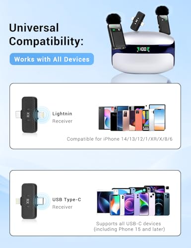 Wireless Mini Microphone for iPhone iPad Android Phone, Noise Reduction, 25H Battery Charging Case, Plug and Play Magnetic Clip on Lavalier Mics for Video Recording Podcast Vlogging