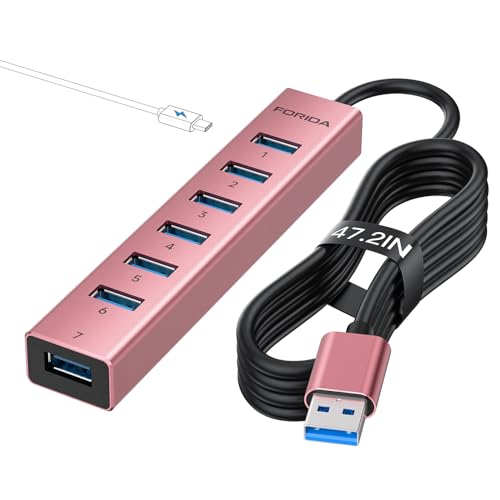 FORIDA USB Hub Long Cable 8 Ports Multiport Adapter with 7-Port USB 3.0 Data Ports, 5V/3A Type-C Power Port Splitter, USB Extender for Laptop PC and More (Rose Gold, USB A-47in) - color: 47.2in Rose gold, size: USB A