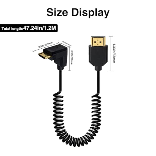 Duttek Coiled Mini HDMI to HDMI 90 Degree Cable 1 FT-4 FT, Ultra-Thin Down Angled HDMI Male to Mini HDMI Male Coiled Cable Support 4K Ultra HD, 1080p, 3D - size: Down Angled 1.2M