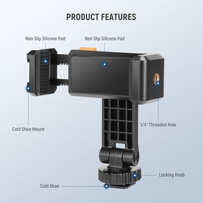 Neewer Basic Phone Tripod Mount Holder with 1/4" Thread & Cold Shoe, 2.36"-3.54"/6-9cm 360° Rotatable Camera Mount Cellphone Clamp for iPhone 16 15 14 13 12 11 Pro Max X XR Samsung S24 Ultra, SP-10 - style: SP-10