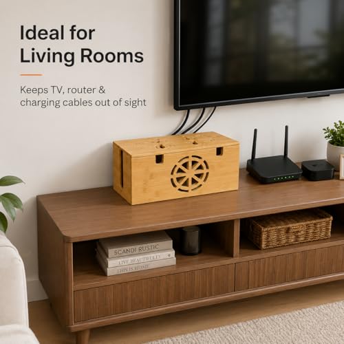 Cable Management Box - Large Bamboo Cord Organizer for Desk and Home Office - Power Strip Hider with Ventilation, 15.7 x 6.7 x 6.7in
