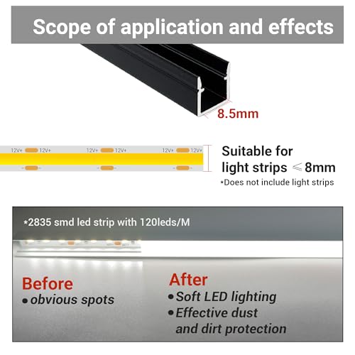 HAMRVL 6-Pack 16-Inch 10×10mm Black LED Aluminum Channel System for Wood Slat Wall Panels, U Shape LED Channel Profile with Mounting Accessories, LED Strip Diffuser for Acoustic Panels, Wall Decor