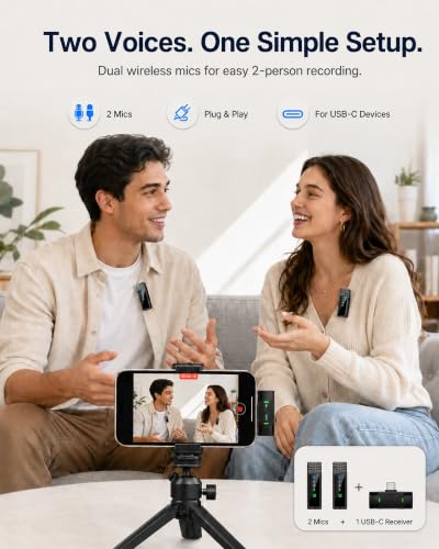 Wireless Lavalier Microphone for iPhone/Samsung/Android, 2 Mics, USB-C Port | 2 Clip-On Mics with Noise Reduction, 34h Using Time with Charging Case, 48kHz Audio 66ft Range for Video Recording USB C