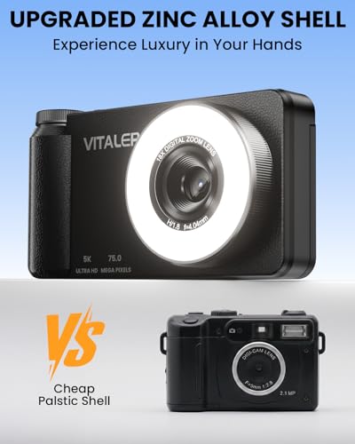 5K Digital Camera for Photography with Fill Light, 3'' 180°Flip Screen, 75MP Vlogging Camera for YouTube Video, 18X Zoom Compact Point and Shoot Cameras for Beginner Teens, Kids, Black