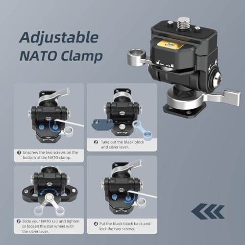 Nitze Quick Release Camera Monitor Mount (NATO Rail with 1/4” Screw and Retractable Pins to Cold Shoe), Field Monitor Mount with Adjustable NATO Clamp, 170° Tilt and 360° Pan - N54-S1