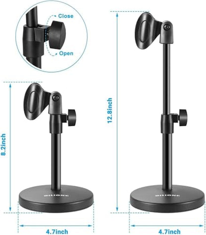 BILIONE 3 in 1 Multi Function Desktop Microphone Stand, Adjustable Table Mic Stand with Microphone Clip, Cell Phone Clip, 5/8" Male to 3/8" Female Metal Adapter - size: 101S