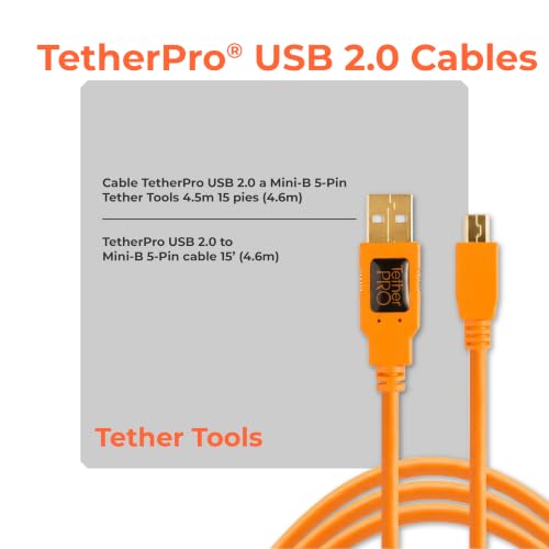 Tether Tools TetherPro USB 2.0 to Mini-B 5-Pin Cable | for Fast Transfer and Connection Between Camera and Computer | High Visibility Orange | 15 Feet (4.6 m) - color: Orange