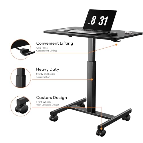 CROWNFURN Mobile Small Standing Rolling Desk Adjustable Height, Portable Laptop Desk on Wheels, Workstation for Home Office with Hook,Black - color: Black