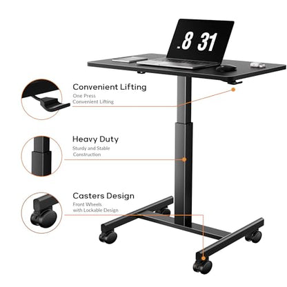 CROWNFURN Mobile Small Standing Rolling Desk Adjustable Height, Portable Laptop Desk on Wheels, Workstation for Home Office with Hook,Black - color: Black