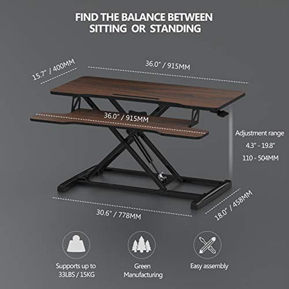 FITUEYES Height Adjustable Standing Desk 36” Wide Sit to Stand Converter Stand Up Desk Tabletop Workstation for Laptops Dual Monitor Riser Brown SD309102WE - color: Brown